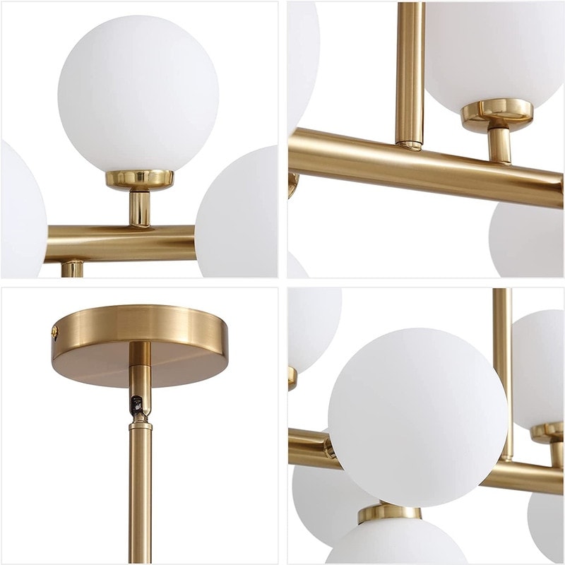 Lustre linéaire moderne du milieu du siècle de 40 po, suspension Spoutnik à 16 ampoules en laiton doré avec globe en verre dépoli pour salle à manger