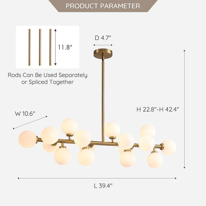Lustre linéaire moderne du milieu du siècle de 40 po, suspension Spoutnik à 16 ampoules en laiton doré avec globe en verre dépoli pour salle à manger