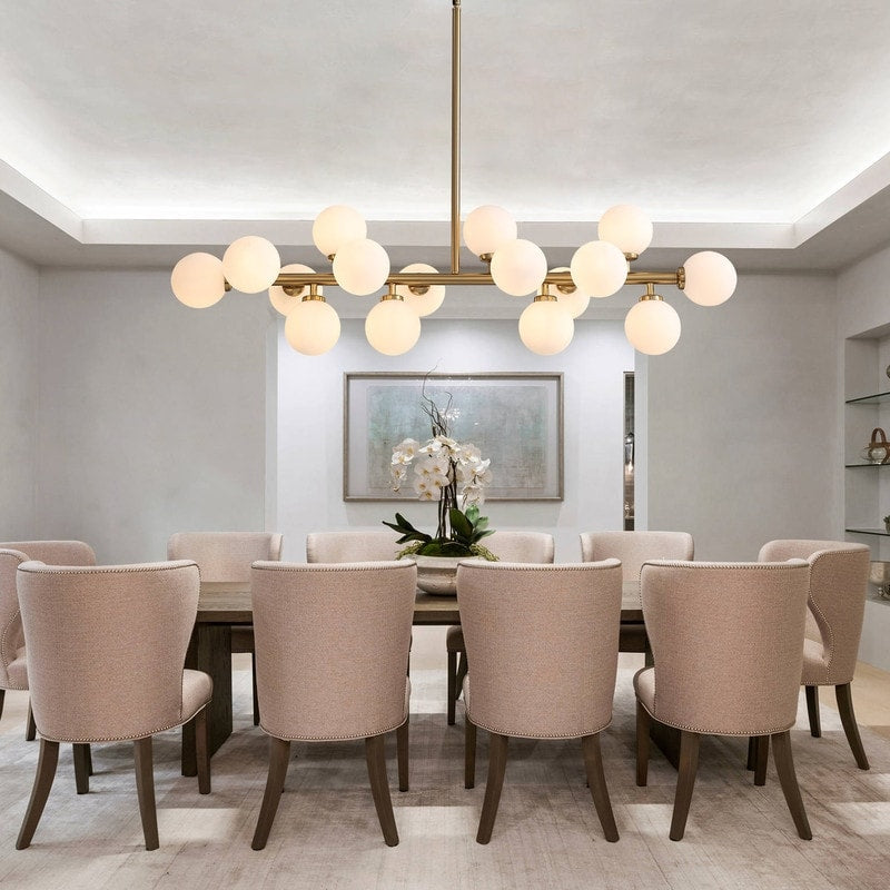 Lustre linéaire moderne du milieu du siècle de 40 po, suspension Spoutnik à 16 ampoules en laiton doré avec globe en verre dépoli pour salle à manger