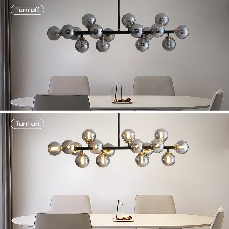 Lustre linéaire moderne du milieu du siècle de 40 po, suspension Spoutnik à 16 ampoules en laiton doré avec globe en verre dépoli pour salle à manger