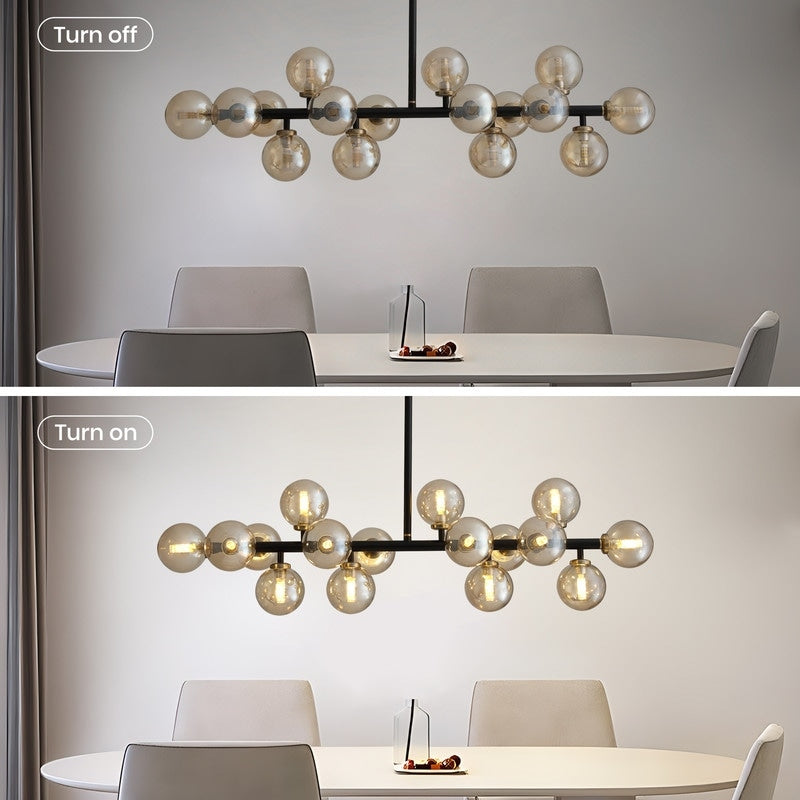 Lustre linéaire moderne du milieu du siècle de 40 po, suspension Spoutnik à 16 ampoules en laiton doré avec globe en verre dépoli pour salle à manger