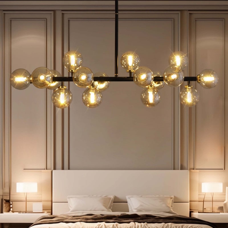 Lustre linéaire moderne du milieu du siècle de 40 po, suspension Spoutnik à 16 ampoules en laiton doré avec globe en verre dépoli pour salle à manger