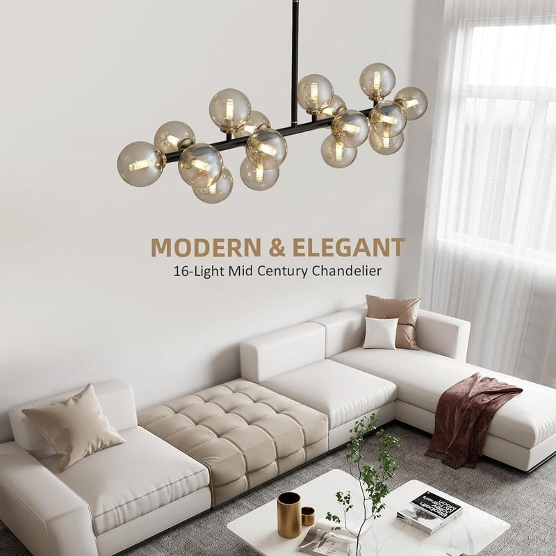 Lustre linéaire moderne du milieu du siècle de 40 po, suspension Spoutnik à 16 ampoules en laiton doré avec globe en verre dépoli pour salle à manger