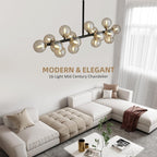 Lustre linéaire moderne du milieu du siècle de 40 po, suspension Spoutnik à 16 ampoules en laiton doré avec globe en verre dépoli pour salle à manger