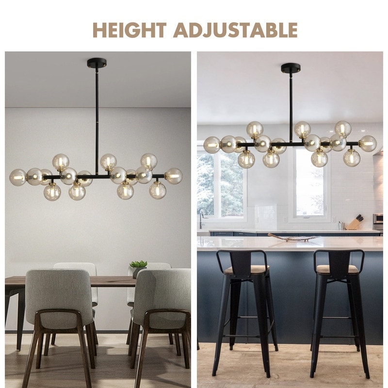 Lustre linéaire moderne du milieu du siècle de 40 po, suspension Spoutnik à 16 ampoules en laiton doré avec globe en verre dépoli pour salle à manger