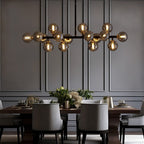 Lustre linéaire moderne du milieu du siècle de 40 po, suspension Spoutnik à 16 ampoules en laiton doré avec globe en verre dépoli pour salle à manger