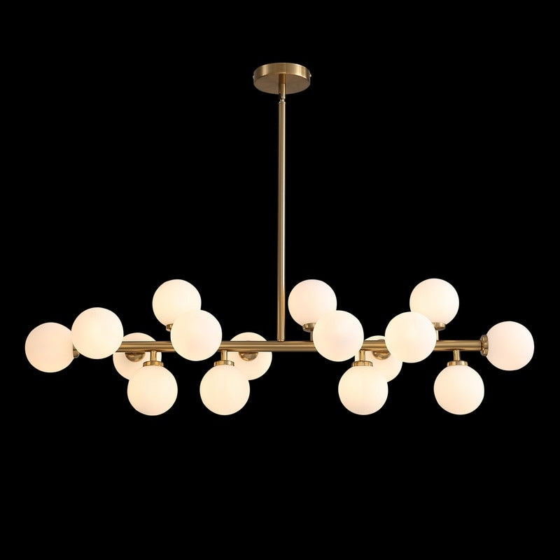 Lustre linéaire moderne du milieu du siècle de 40 po, suspension Spoutnik à 16 ampoules en laiton doré avec globe en verre dépoli pour salle à manger