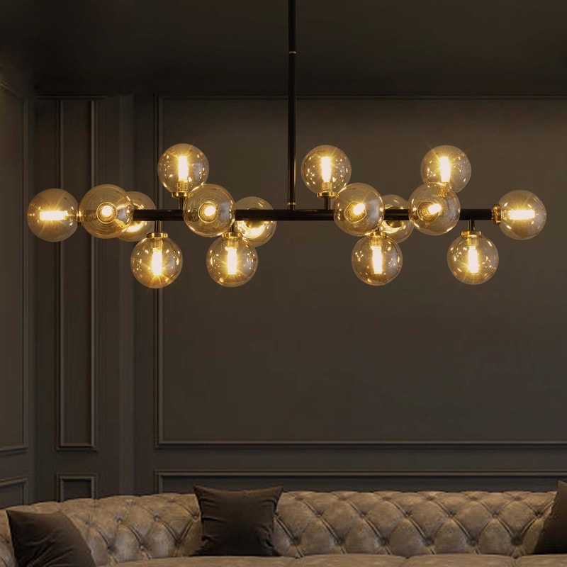 Lustre linéaire moderne du milieu du siècle de 40 po, suspension Spoutnik à 16 ampoules en laiton doré avec globe en verre dépoli pour salle à manger