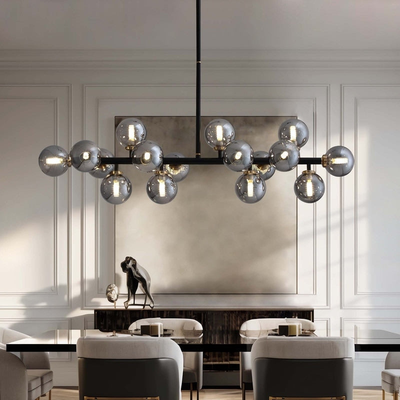Lustre linéaire moderne du milieu du siècle de 40 po, suspension Spoutnik à 16 ampoules en laiton doré avec globe en verre dépoli pour salle à manger