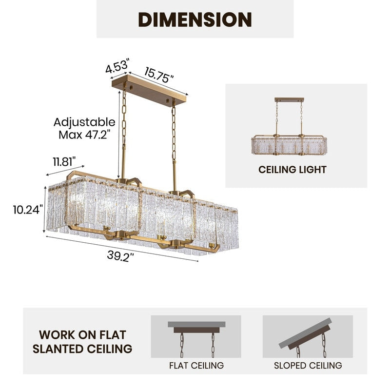 Lustre rectangulaire moderne en cristal de 40 po, 16 lumières, en laiton doré, pour salle à manger, salon, cuisine, îlot
