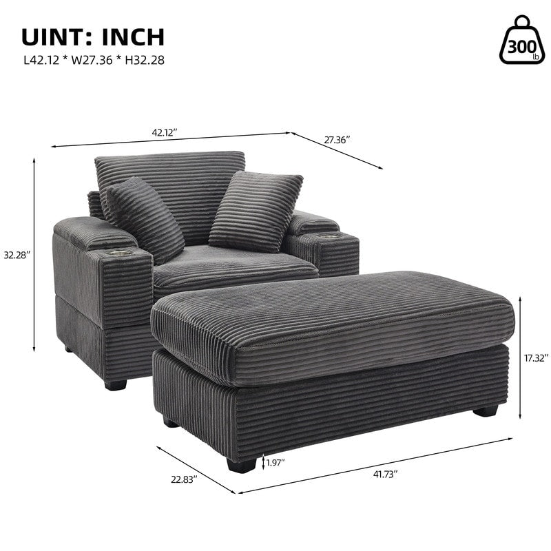 42.12 Canapé rembourré en velours côtelé + pouf