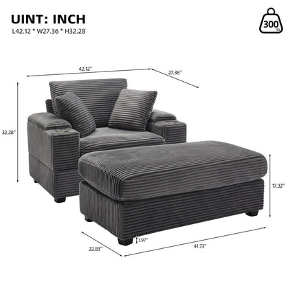 42.12 Canapé rembourré en velours côtelé + pouf