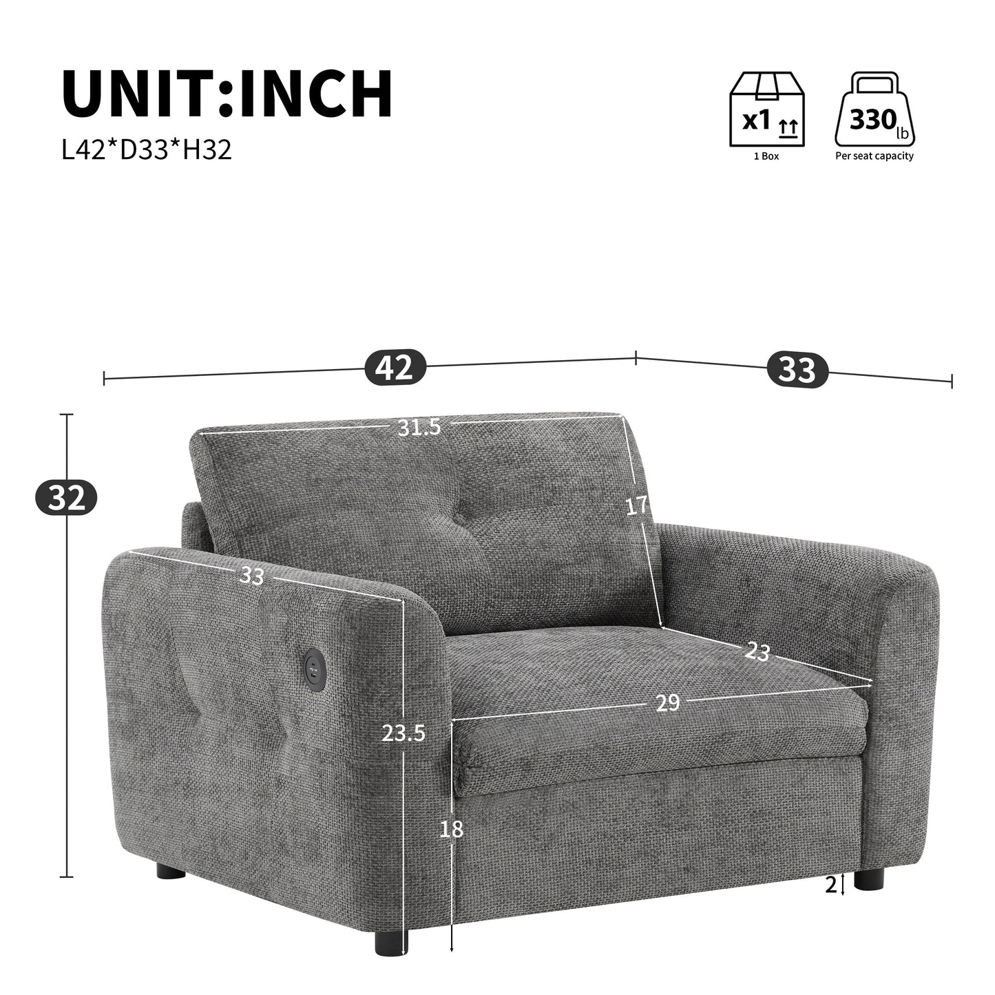 Canapé simple 42 x 33, fauteuil avec assise large, chargeur double port, design capitonné et à traction, mousse haute densité