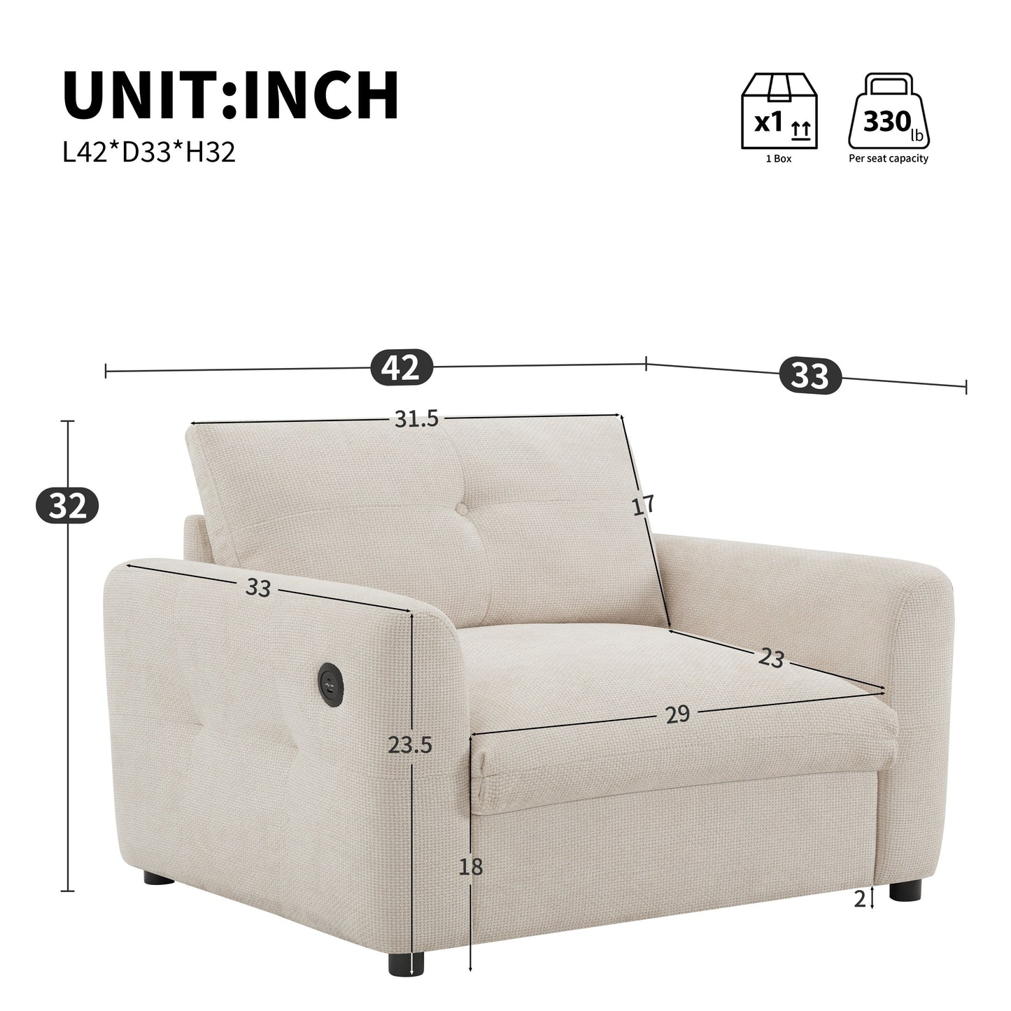 Fauteuil à siège large de 42 pouces avec chargeur à deux ports et conception de traction capitonnée par Harper&amp;Bright Designs