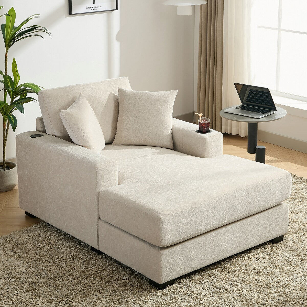 Canapé-lit surdimensionné de style moderne, avec coussins, station de charge et porte-gobelets, tissu chenille