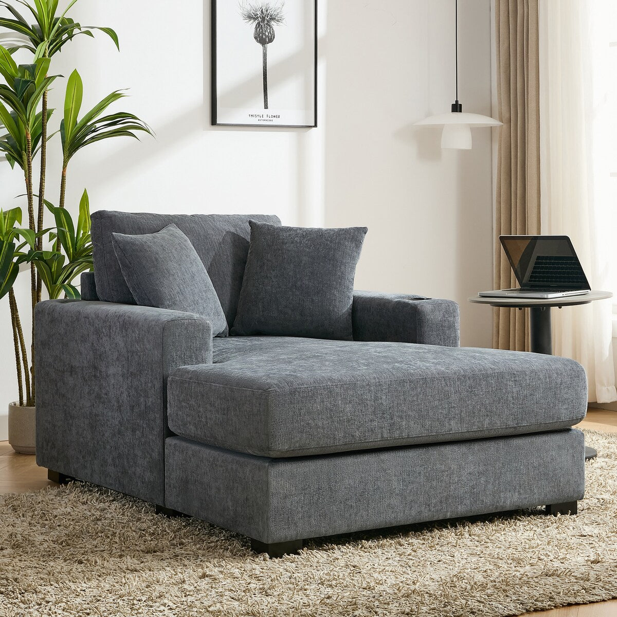 Canapé-lit surdimensionné de style moderne, avec coussins, station de charge et porte-gobelets, tissu chenille