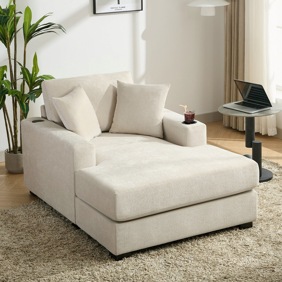 Canapé-lit surdimensionné de style moderne, avec coussins, station de charge et porte-gobelets, tissu chenille
