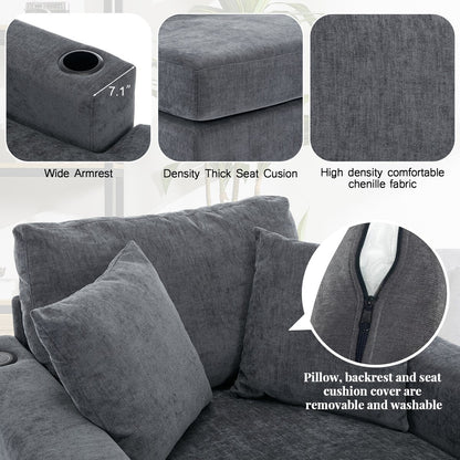 Canapé-lit surdimensionné de style moderne, avec coussins, station de charge et porte-gobelets, tissu chenille