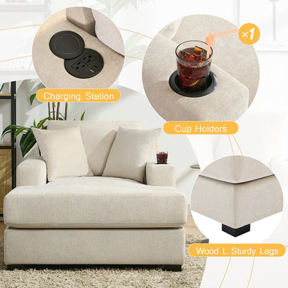 Canapé-lit surdimensionné de style moderne, avec coussins, station de charge et porte-gobelets, tissu chenille