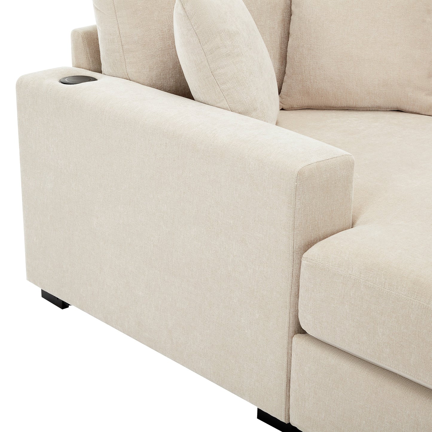 Canapé-lit surdimensionné de style moderne, avec coussins, station de charge et porte-gobelets, tissu chenille