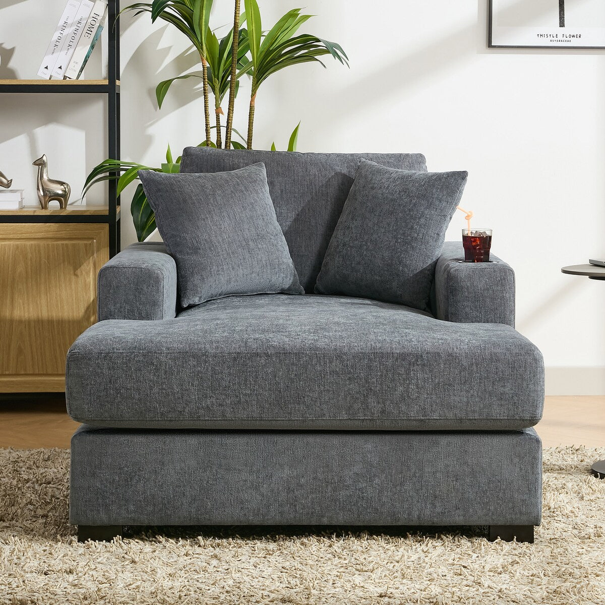 Canapé-lit surdimensionné de style moderne, avec coussins, station de charge et porte-gobelets, tissu chenille