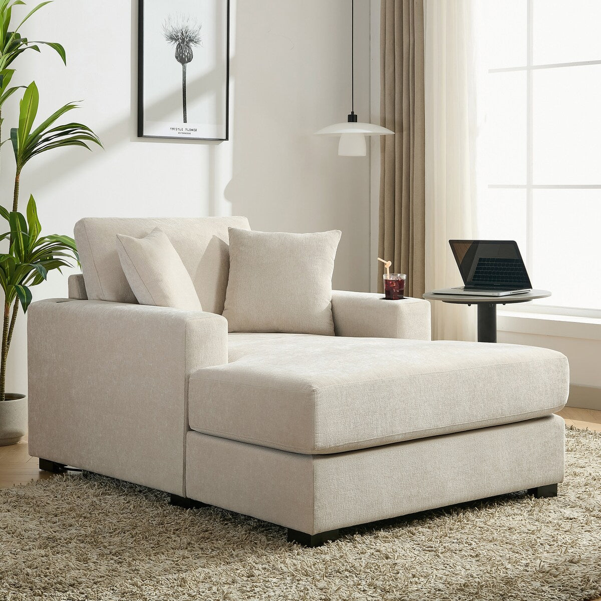 Canapé-lit surdimensionné de style moderne, avec coussins, station de charge et porte-gobelets, tissu chenille