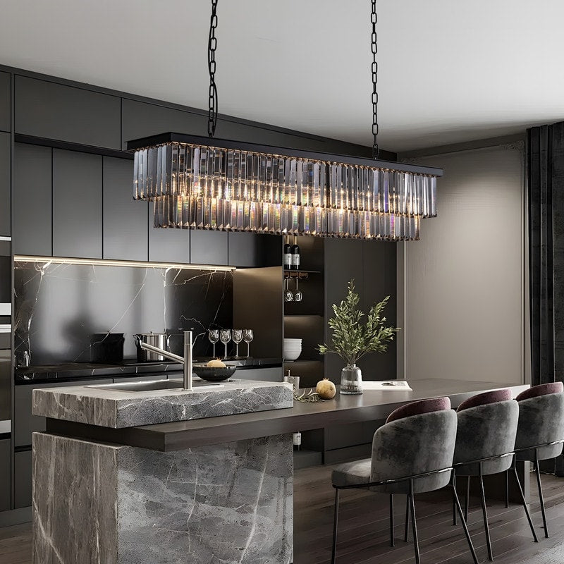 Lustre contemporain en cristal gris fumé et noir de 47 po, luminaire suspendu linéaire à deux niveaux pour îlot de cuisine et salle à manger
