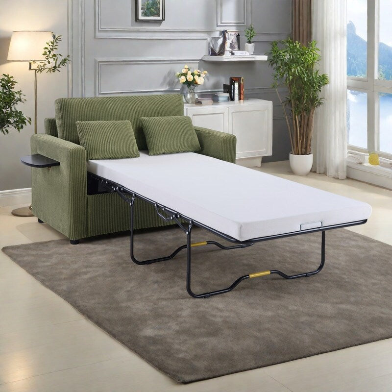 Canapé-lit double en velours côtelé 47,2 avec matelas pliable, table d'appoint, ports USB et poche de rangement