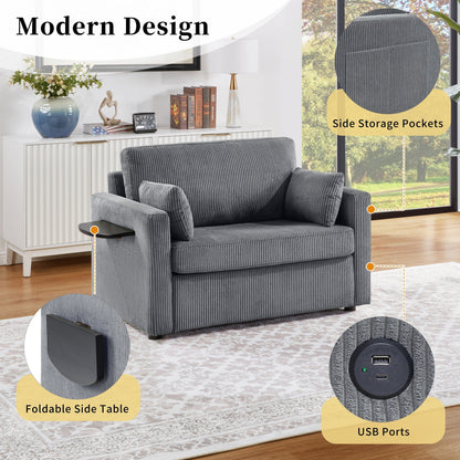 Canapé-lit double en velours côtelé 47,2 avec matelas pliable, table d'appoint, ports USB et poche de rangement