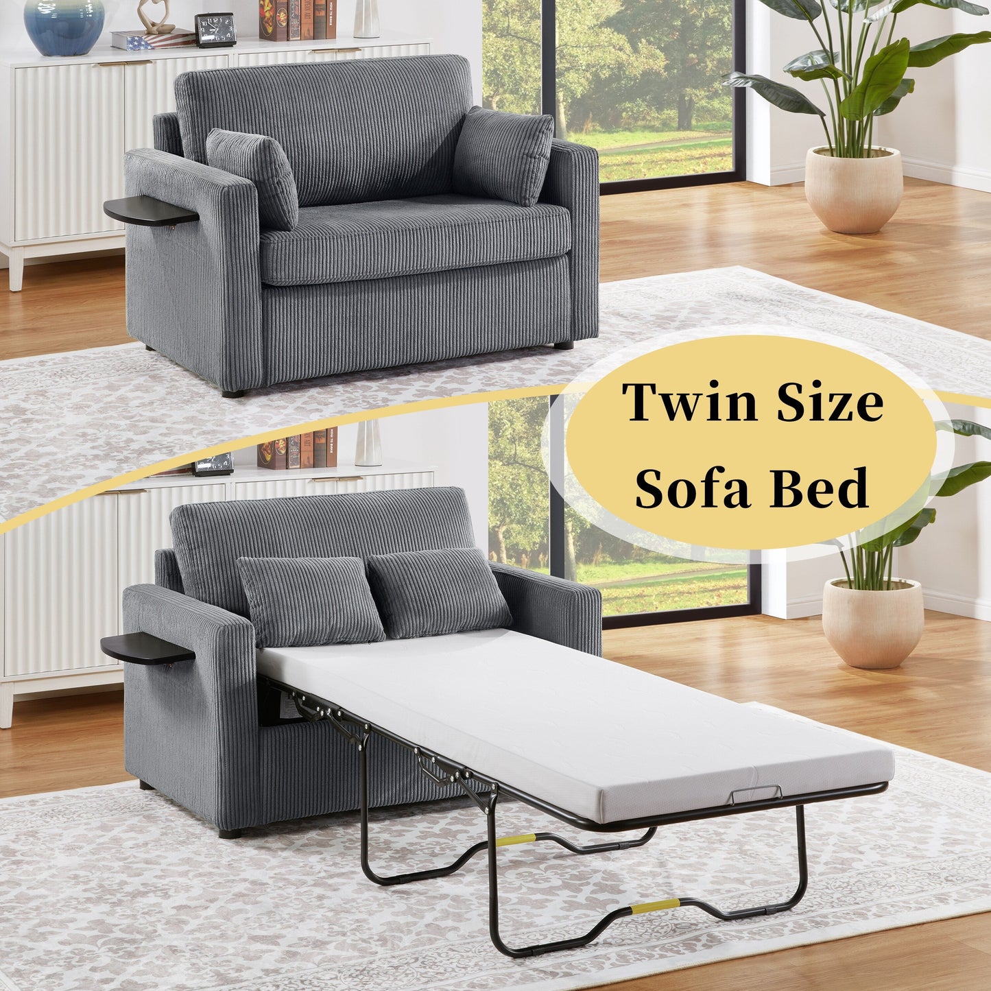 Canapé-lit double en velours côtelé 47,2 avec matelas pliable, table d'appoint, ports USB et poche de rangement
