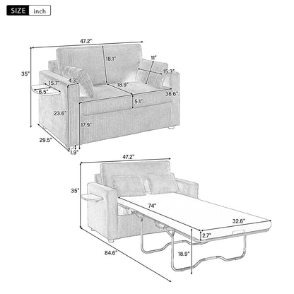 Canapé-lit double en velours côtelé 47,2 avec matelas pliable, table d'appoint, ports USB et poche de rangement