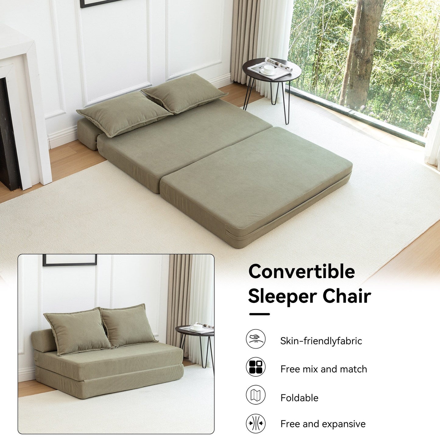 Canapé-lit 2 places en velours côtelé 47,63 po avec oreiller, matelas de sol et dossier pour salon