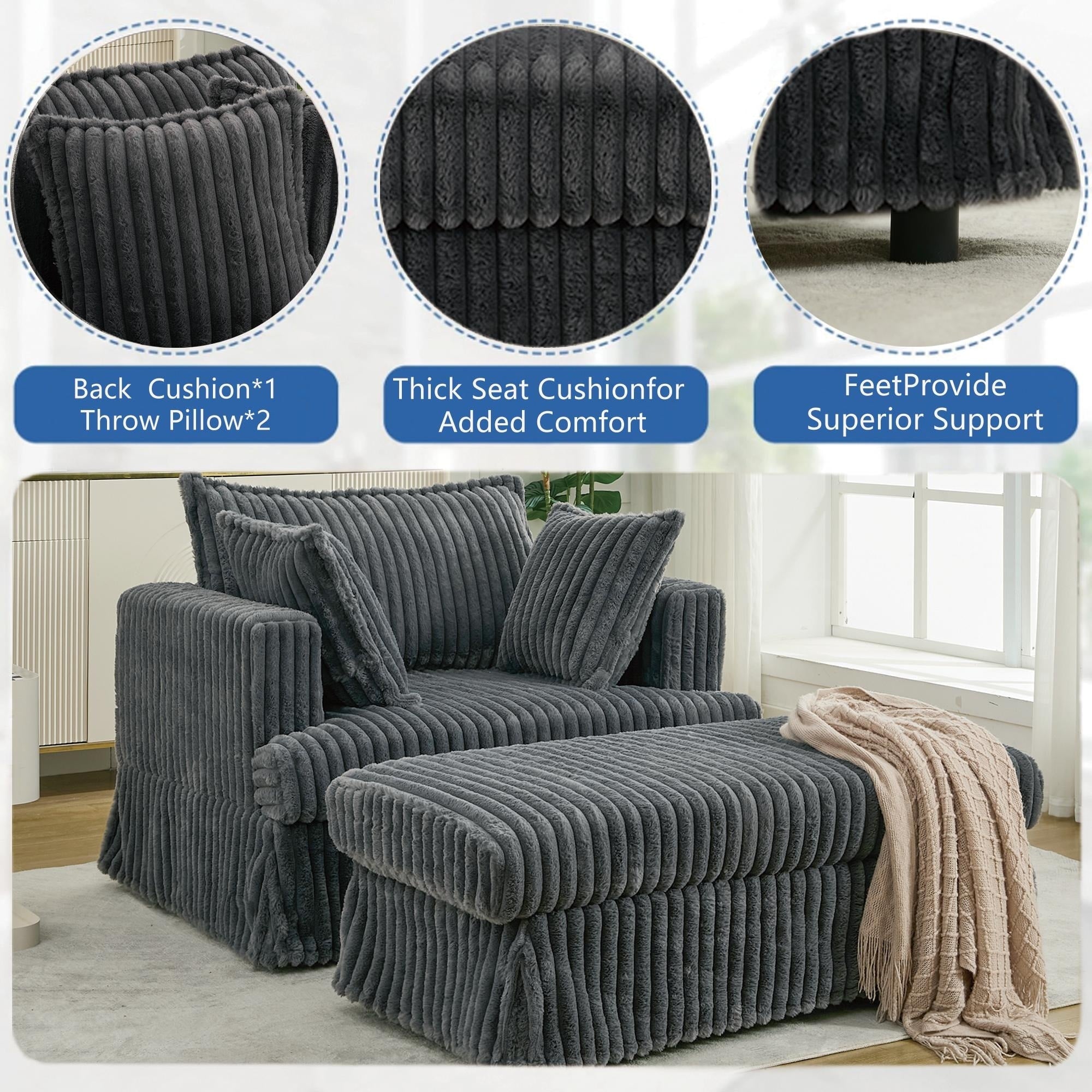 Chaise longue surdimensionnée en velours côtelé de 47,7 po avec fauteuil inclinable ottoman