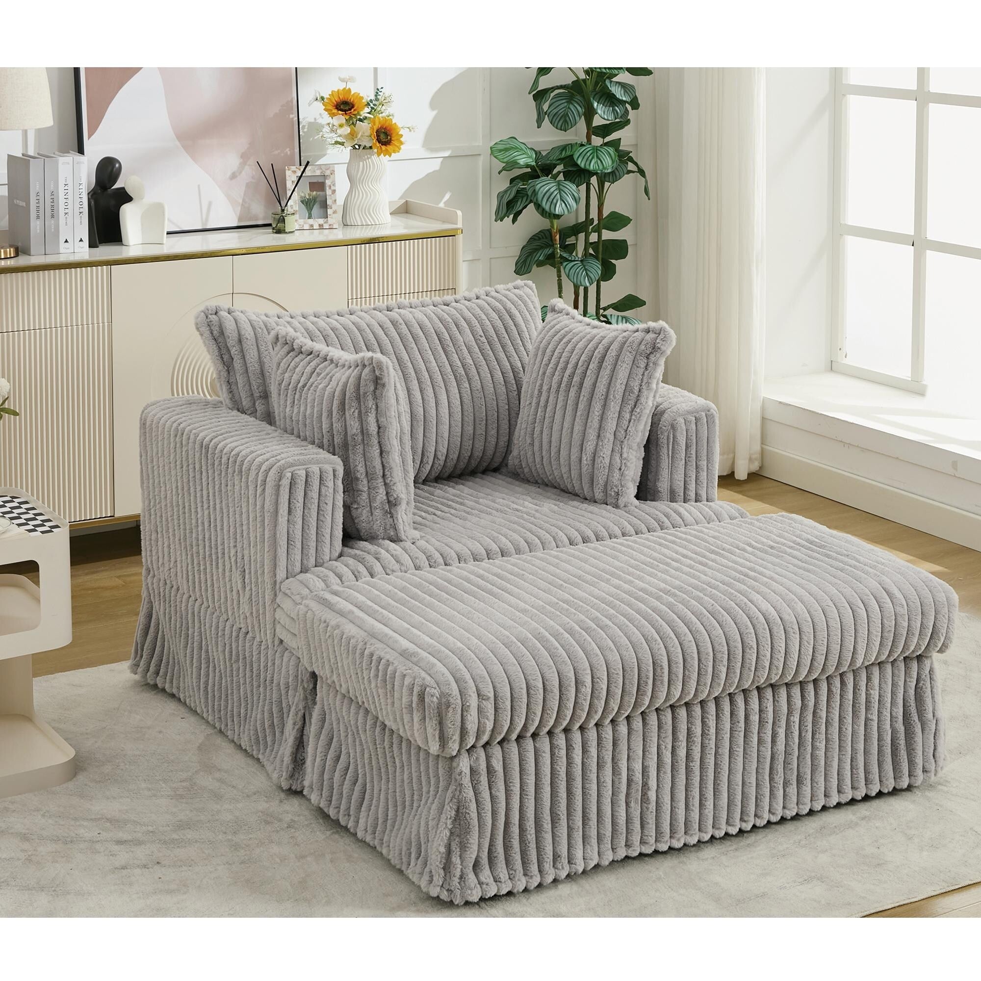Chaise longue surdimensionnée en velours côtelé de 47,7 po avec fauteuil inclinable ottoman
