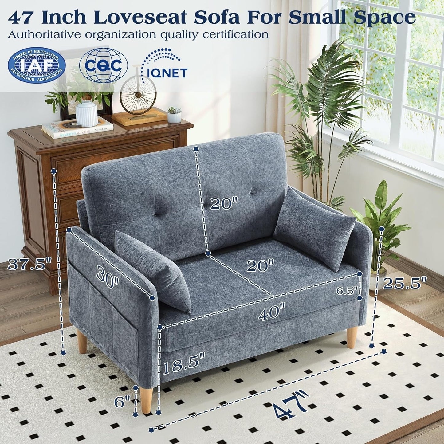 Canapé 47 en chenille - Canapé pour petit espace avec housse et oreiller amovibles, idéal pour un appartement ou un dortoir