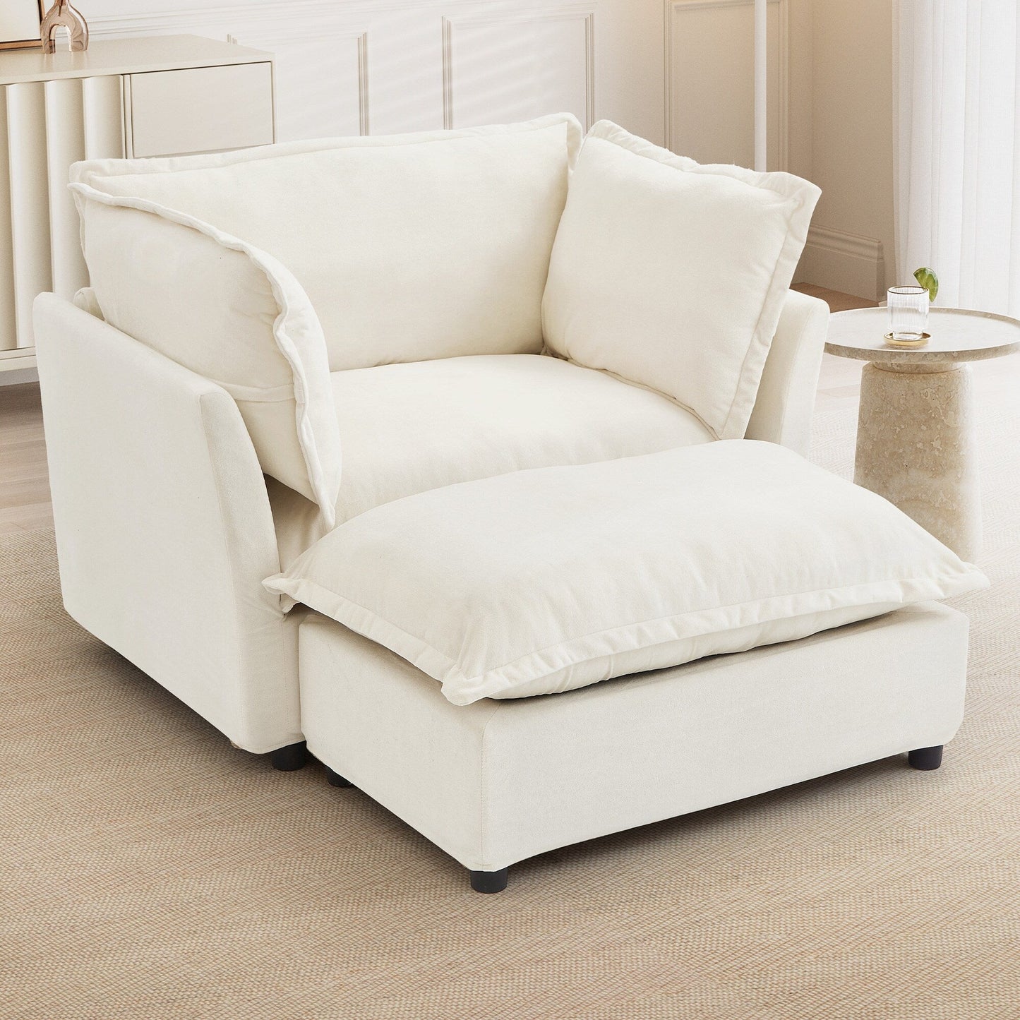 Fauteuil moderne avec pouf - Fauteuil de salon rembourré, assise large, accoudoirs incurvés et coussins moelleux pour le salon