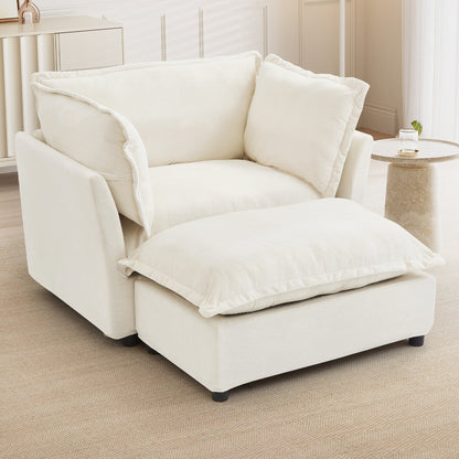 Fauteuil moderne avec pouf - Fauteuil de salon rembourré, assise large, accoudoirs incurvés et coussins moelleux pour le salon