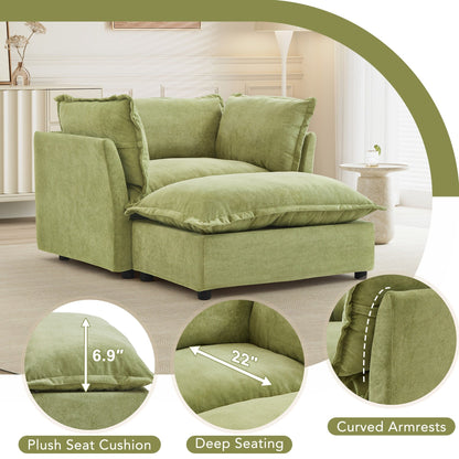 Fauteuil moderne avec pouf - Fauteuil de salon rembourré, assise large, accoudoirs incurvés et coussins moelleux pour le salon