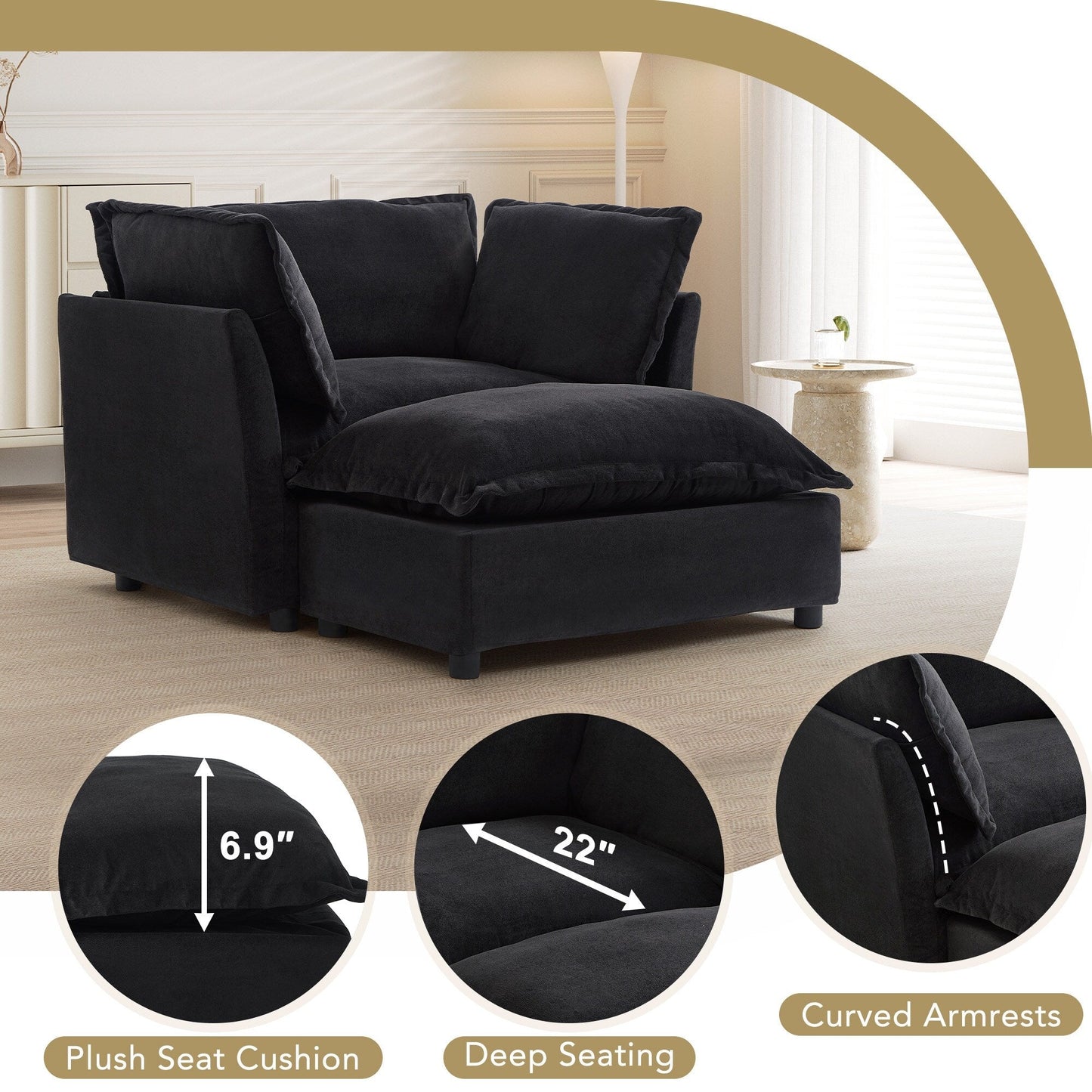 Fauteuil moderne avec pouf - Fauteuil de salon rembourré, assise large, accoudoirs incurvés et coussins moelleux pour le salon