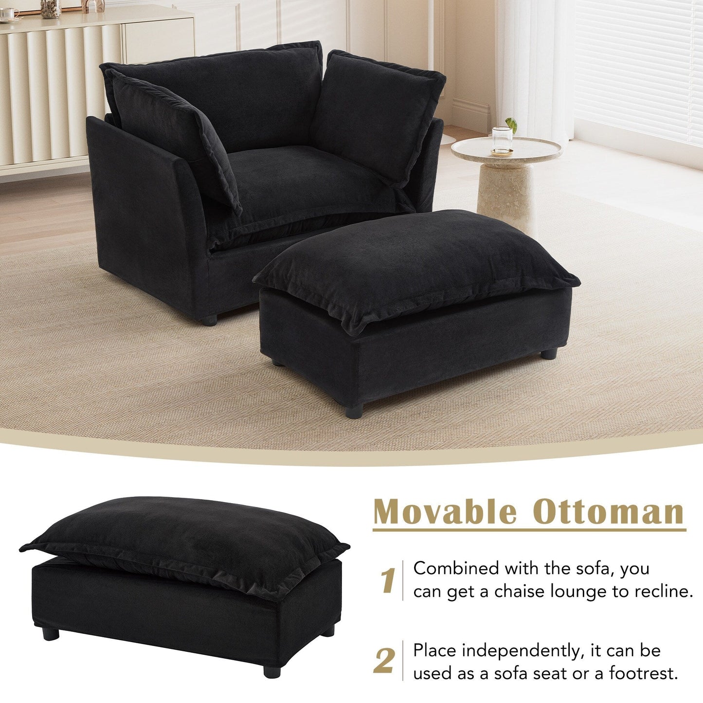 Fauteuil moderne avec pouf - Fauteuil de salon rembourré, assise large, accoudoirs incurvés et coussins moelleux pour le salon