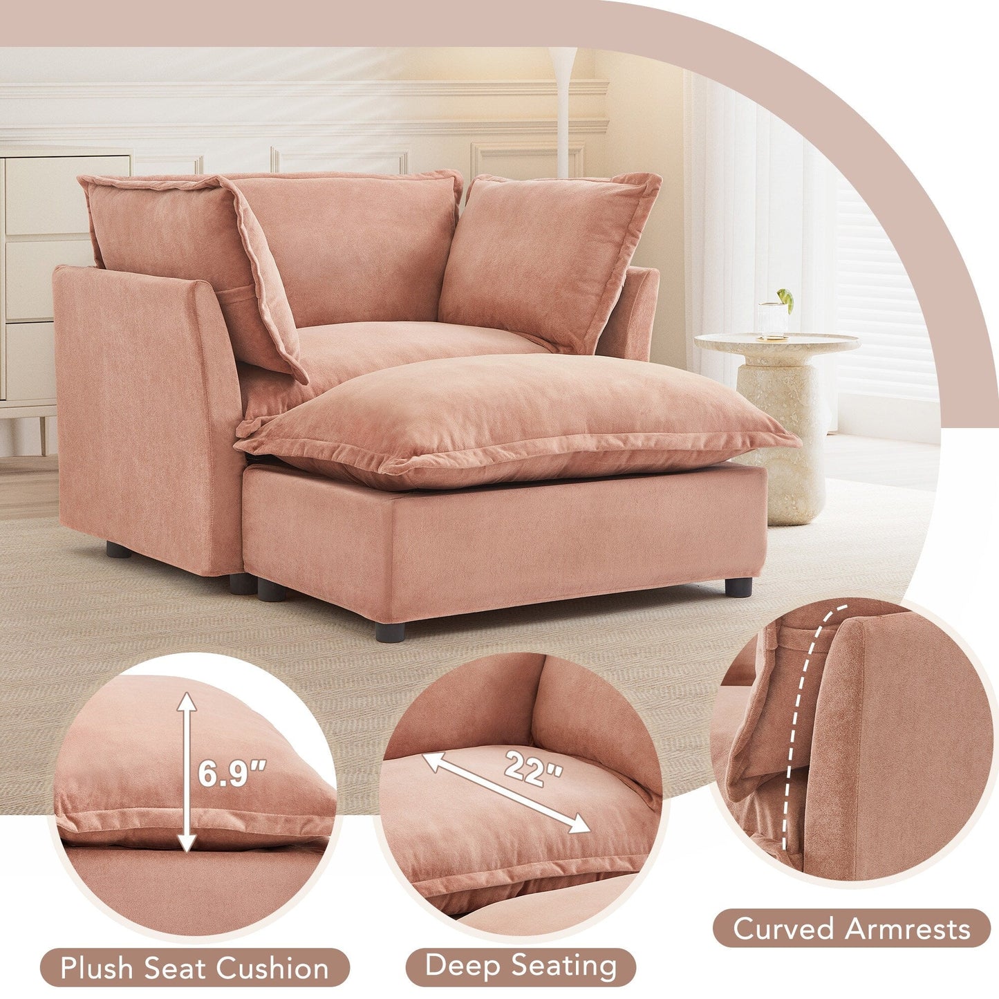 Fauteuil moderne avec pouf - Fauteuil de salon rembourré, assise large, accoudoirs incurvés et coussins moelleux pour le salon