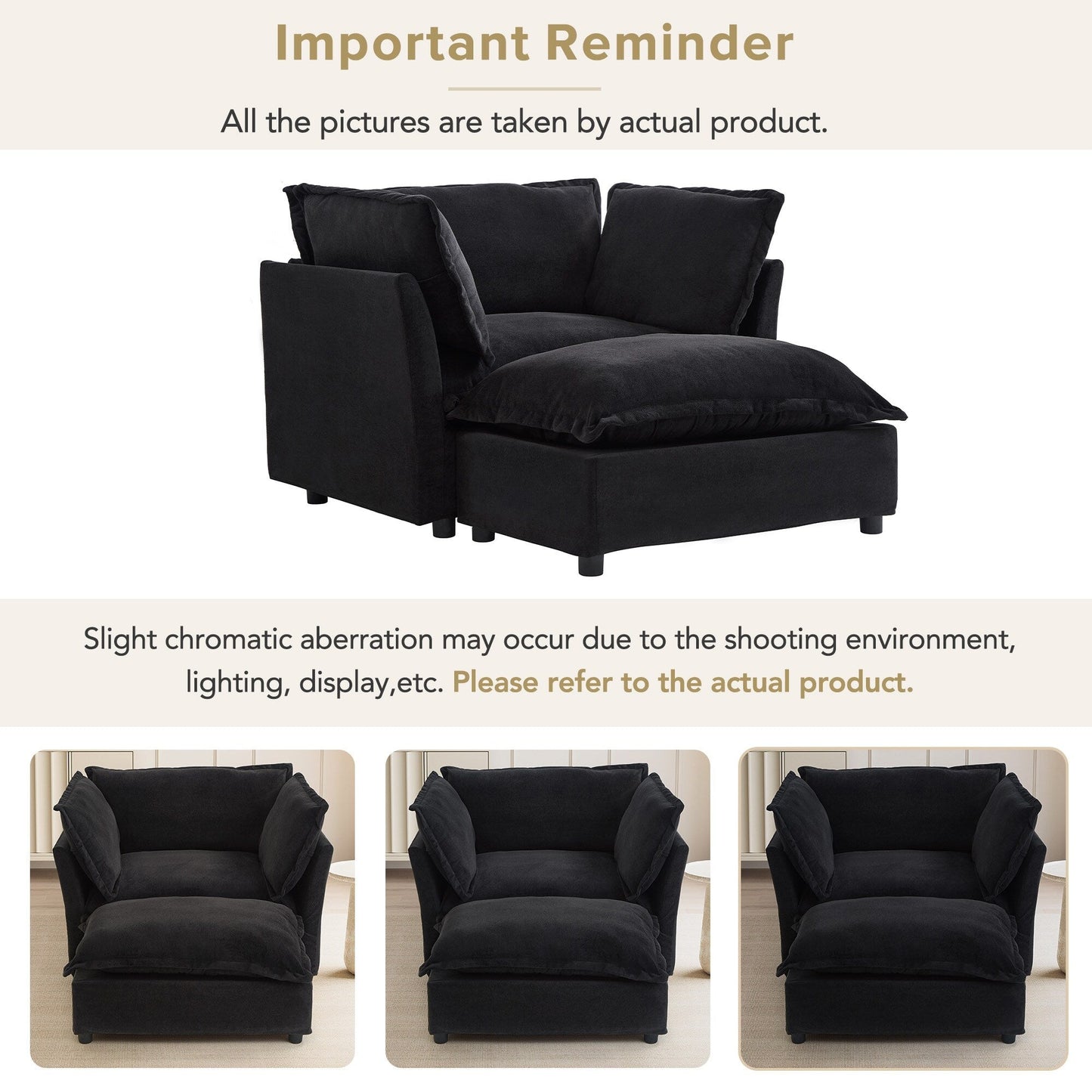 Fauteuil moderne avec pouf - Fauteuil de salon rembourré, assise large, accoudoirs incurvés et coussins moelleux pour le salon