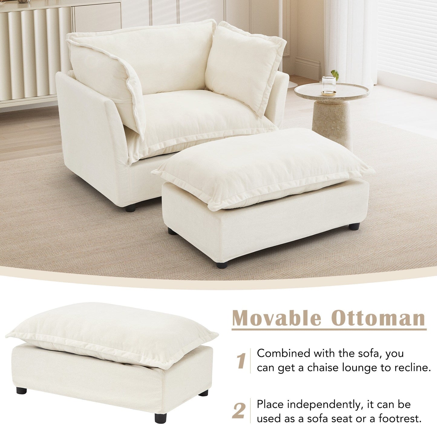 Fauteuil moderne avec pouf - Fauteuil de salon rembourré, assise large, accoudoirs incurvés et coussins moelleux pour le salon