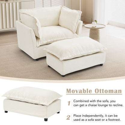 Fauteuil moderne avec pouf - Fauteuil de salon rembourré, assise large, accoudoirs incurvés et coussins moelleux pour le salon