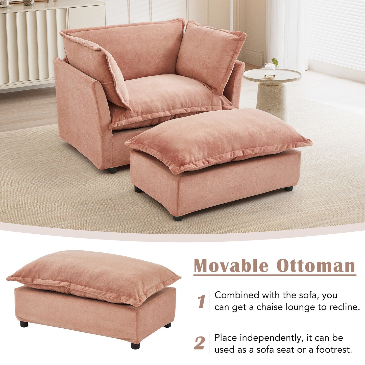 Fauteuil moderne avec pouf - Fauteuil de salon rembourré, assise large, accoudoirs incurvés et coussins moelleux pour le salon