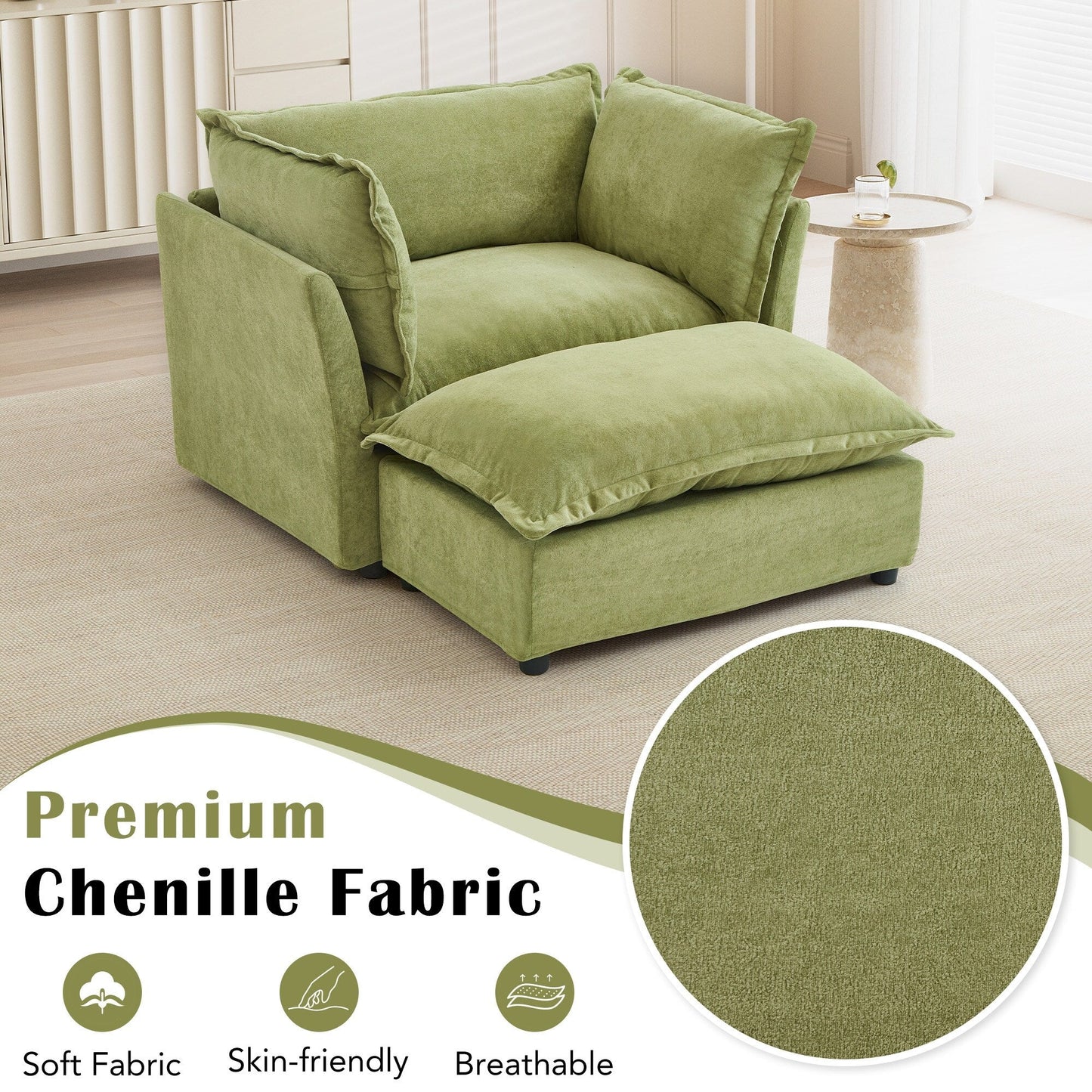 Fauteuil moderne avec pouf - Fauteuil de salon rembourré, assise large, accoudoirs incurvés et coussins moelleux pour le salon