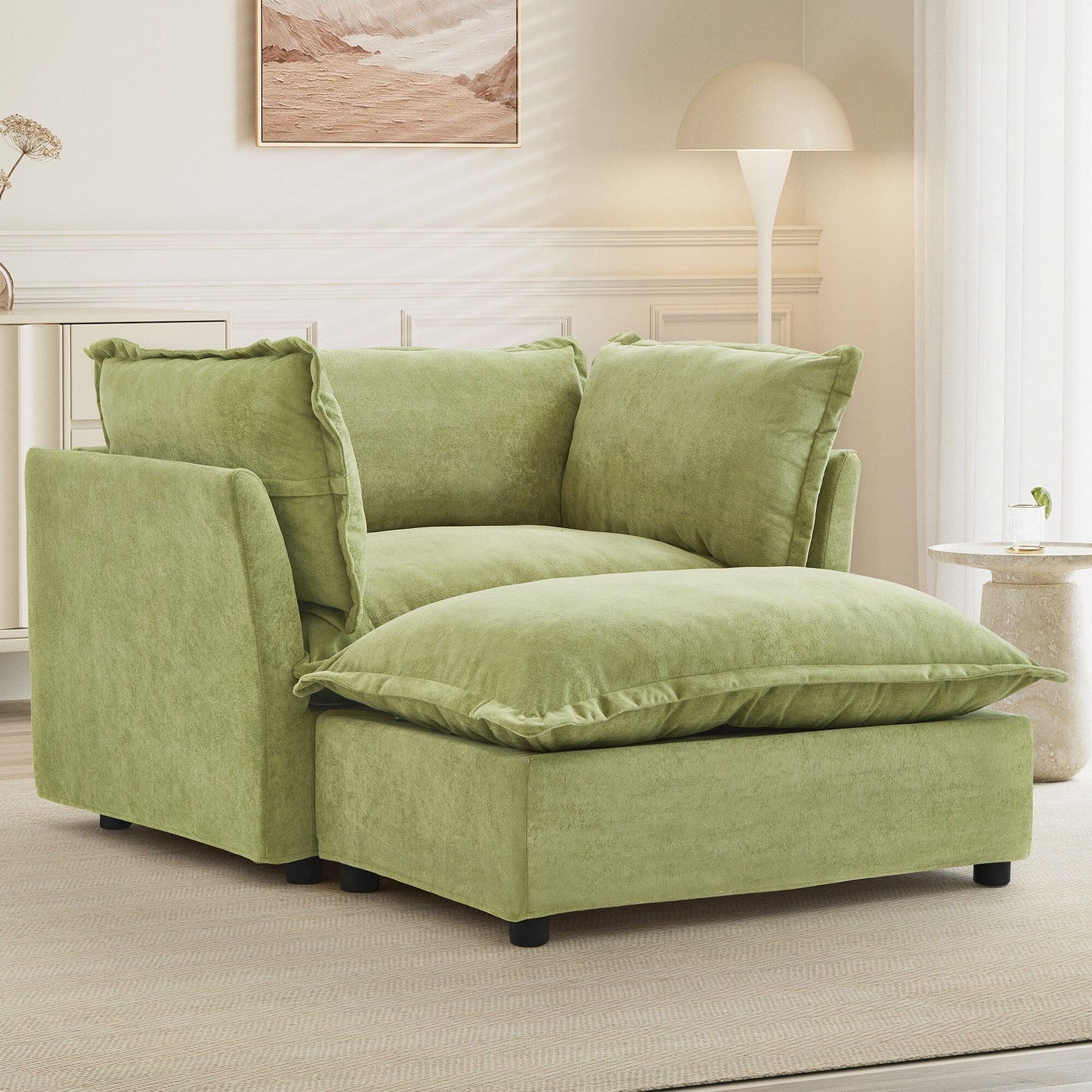 Fauteuil moderne avec pouf - Fauteuil de salon rembourré, assise large, accoudoirs incurvés et coussins moelleux pour le salon