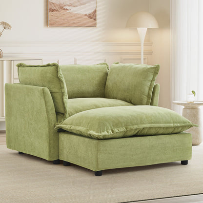 Fauteuil moderne avec pouf - Fauteuil de salon rembourré, assise large, accoudoirs incurvés et coussins moelleux pour le salon