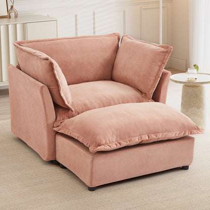 Fauteuil moderne avec pouf - Fauteuil de salon rembourré, assise large, accoudoirs incurvés et coussins moelleux pour le salon