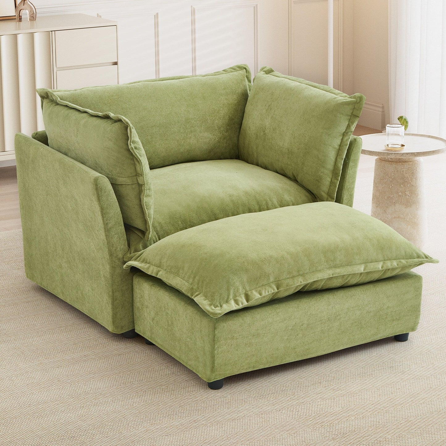 Fauteuil moderne avec pouf - Fauteuil de salon rembourré, assise large, accoudoirs incurvés et coussins moelleux pour le salon